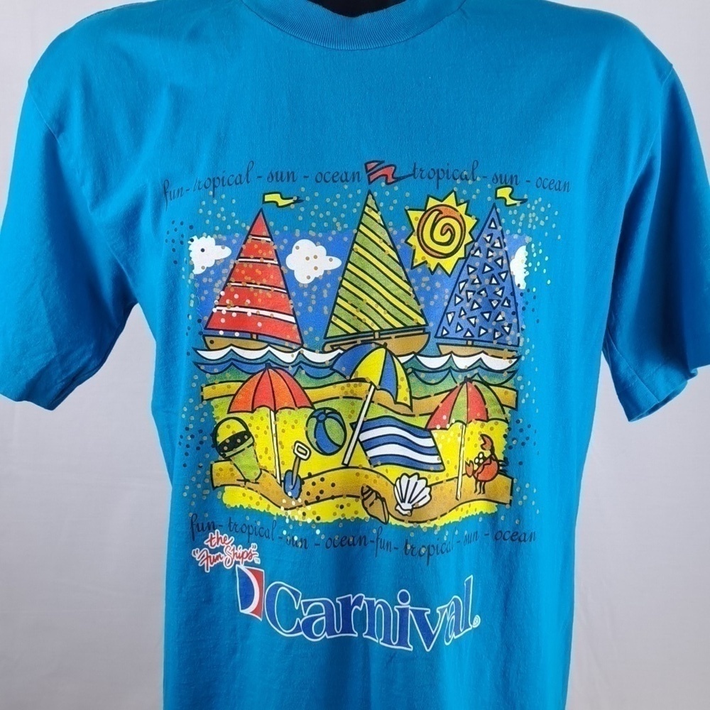 Vintage Carnival Cruise beach graphic summer travel casual blue XL t-shirt